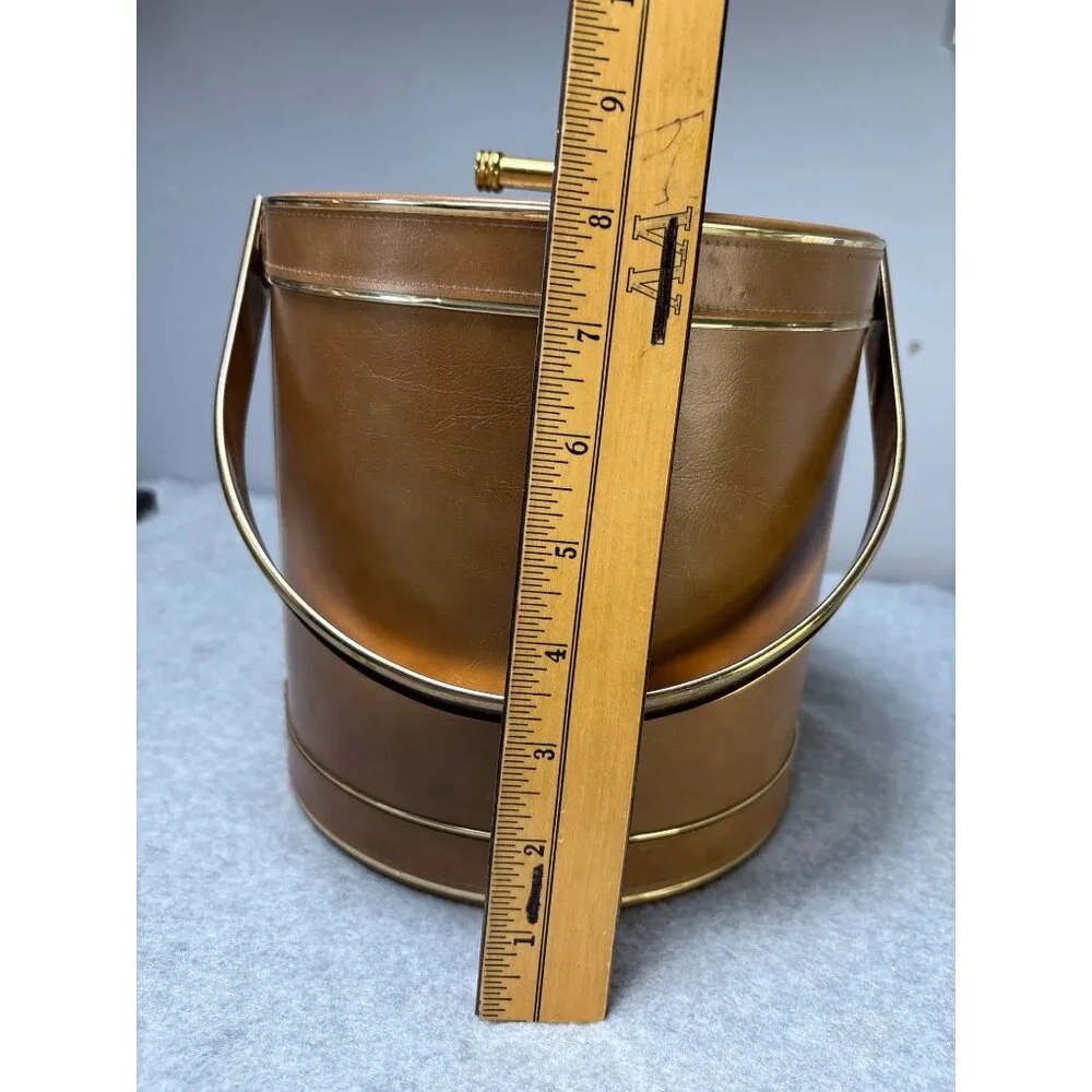 Vintage Faux Leather & Gold Ice Bucket with Handle & Lid Floral Design Top Mid-C
